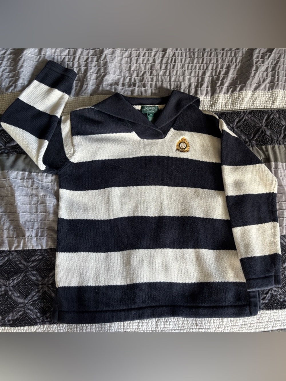 Vintage 80s Ralph Lauren Navy and White Striped Polo Sweater with Crest